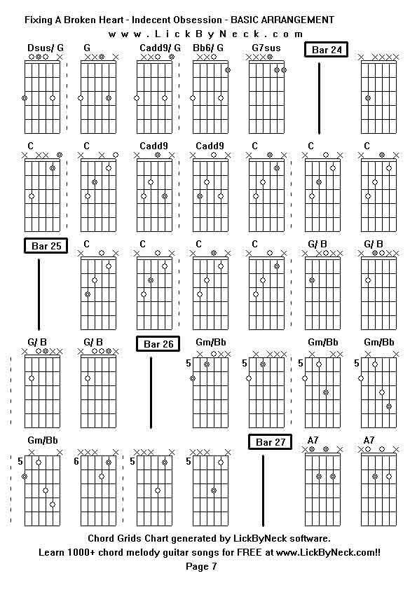 Chord Grids Chart of chord melody fingerstyle guitar song-Fixing A Broken Heart - Indecent Obsession - BASIC ARRANGEMENT,generated by LickByNeck software.